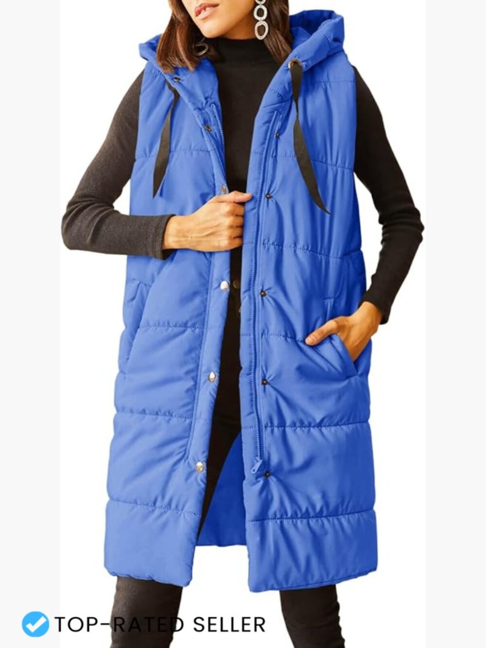 Long Quilted Puffer Vest Sleeveless Hooded Button Down Padded Winter Coat